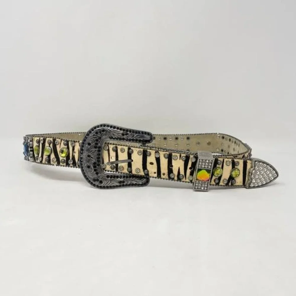 Nocona Western Belt Wms Large Leather Zebra Striped Rhinestone Bling Rodeo